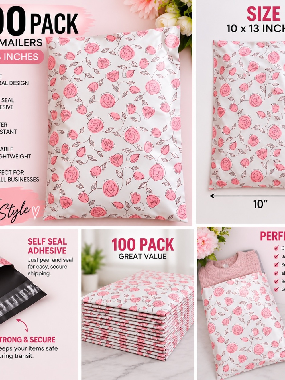 100 PACK PINK FLORAL POLY MAILERS 10x13 SHIPPING BAGS CUTE PACKAGING